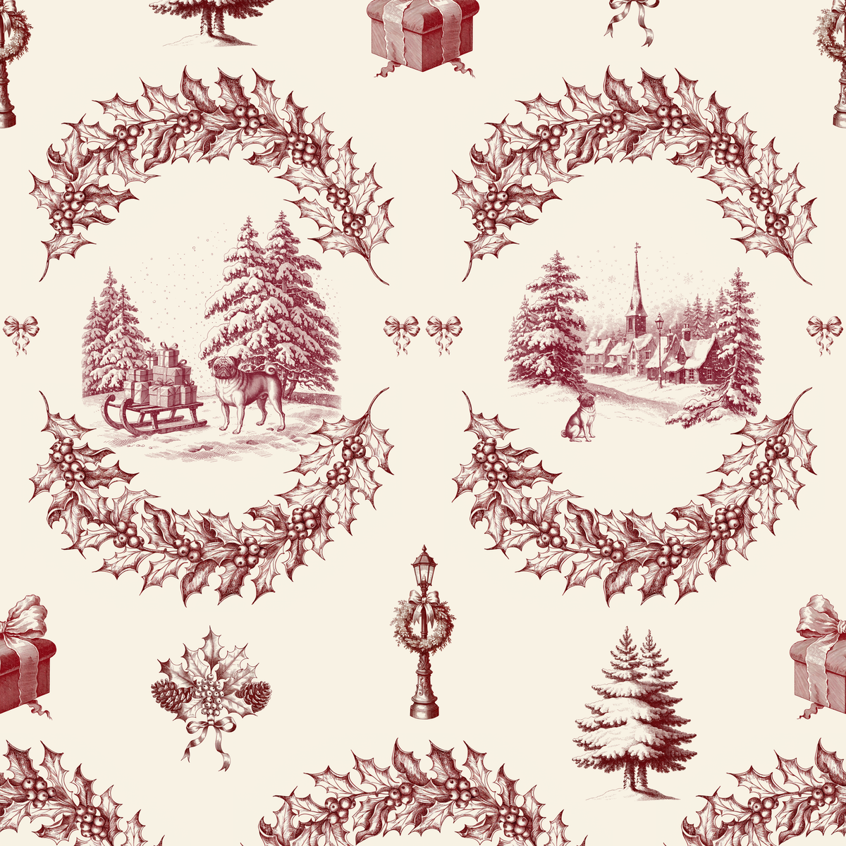 Pug Toile Wrapping Paper — repeating pattern tile