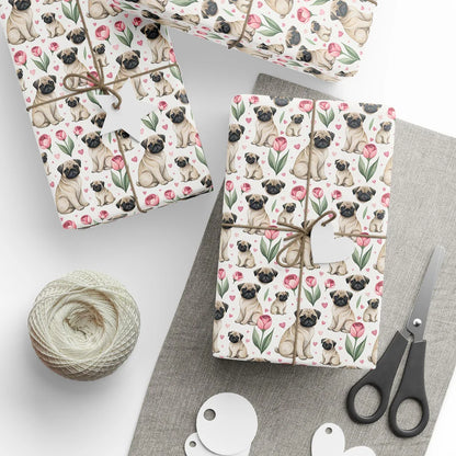 Pug & Tulips Spring Wrapping Paper — styled gift wrapping with scissors and twine