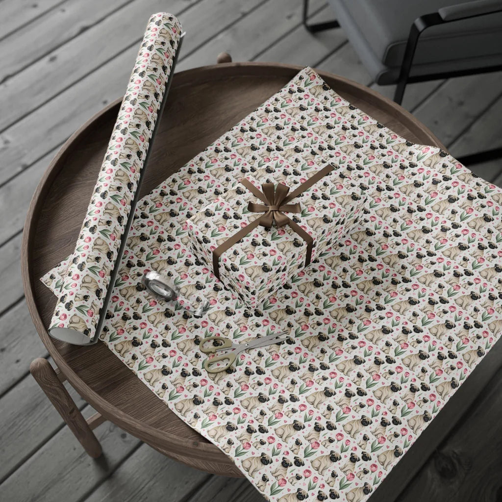 Pug & Tulips Spring Wrapping Paper — gift wrapping presented on a wooden table