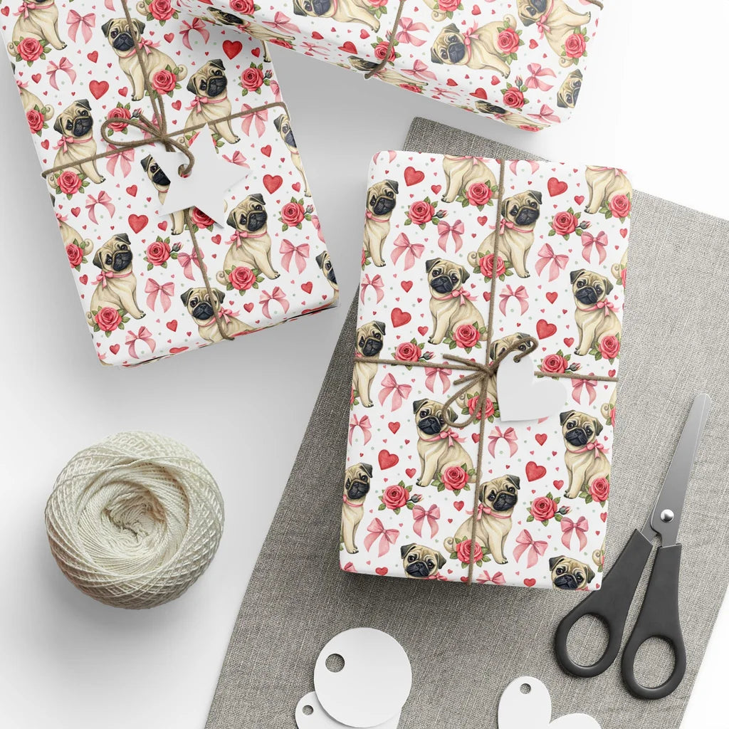 Pug Valentine's Day Wrapping Paper — styled gift wrapping with scissors and twine