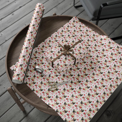 Pug Valentine's Day Wrapping Paper — gift wrapping presented on a wooden table