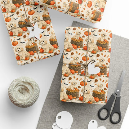 Pumpkin Patch Pup: Doodle Halloween Wrapping Paper — styled gift wrapping with scissors and twine