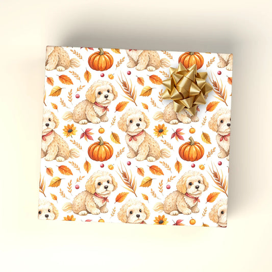 Pumpkin Spice Pup: Goldendoodle Fall Wrapping Paper — wrapped gift presentation