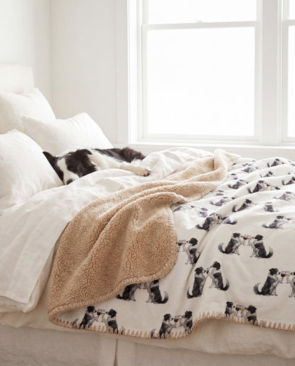 Border Collie curled asleep in a Happy Hour Border Collie sherpa blanket on a bed