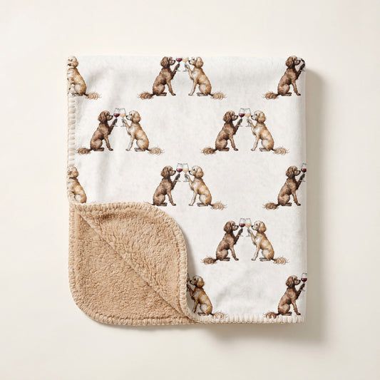 Top-down product photo of the Happy Hour Cavapoo sherpa blanket folded on a cream background