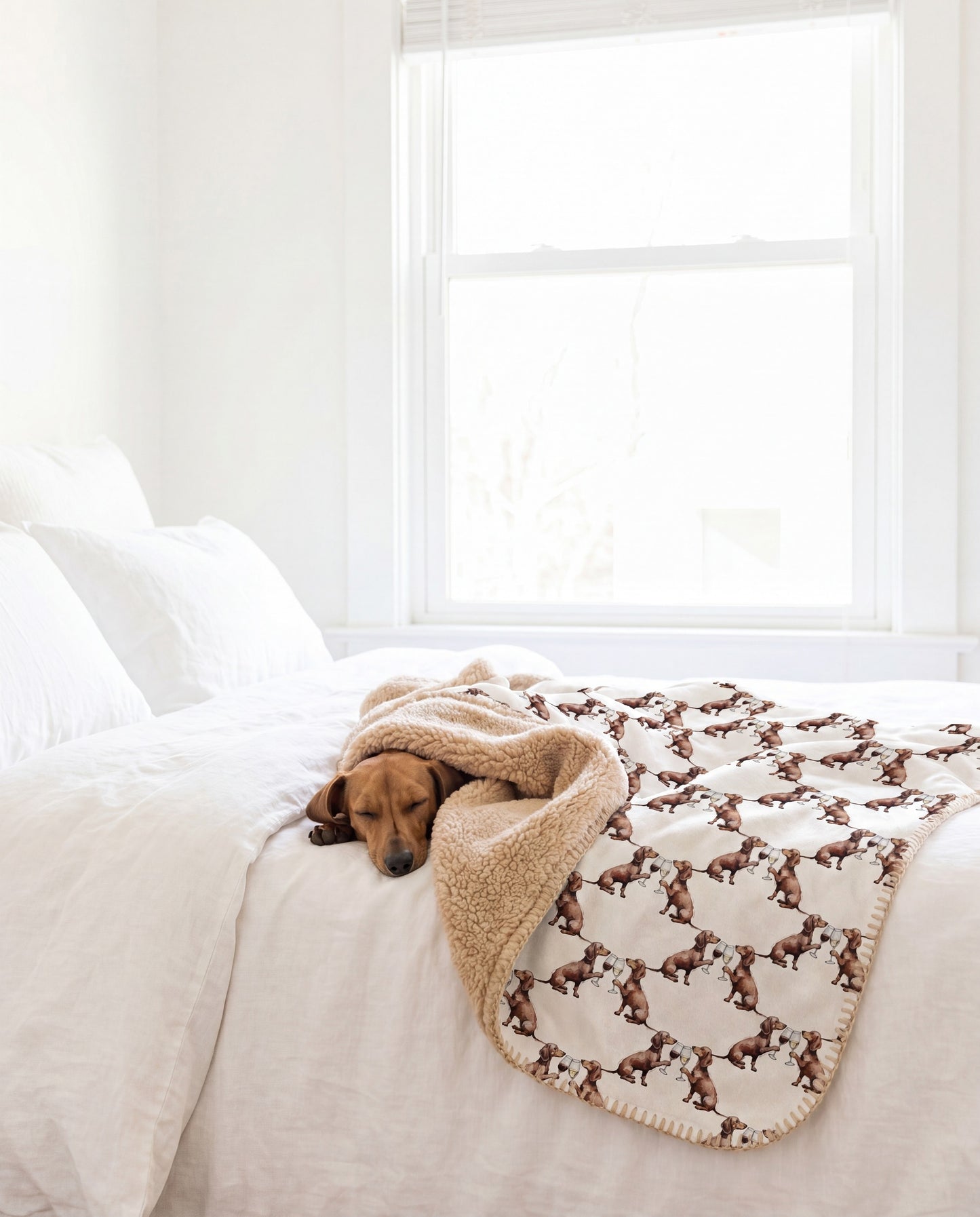 Dachshund curled asleep in a Happy Hour Dachshund sherpa blanket on a bed