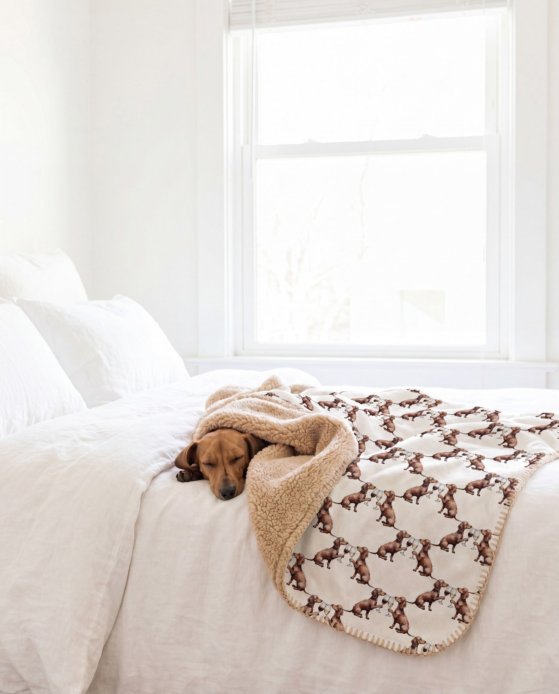 Dachshund curled asleep in a Happy Hour Dachshund sherpa blanket on a bed