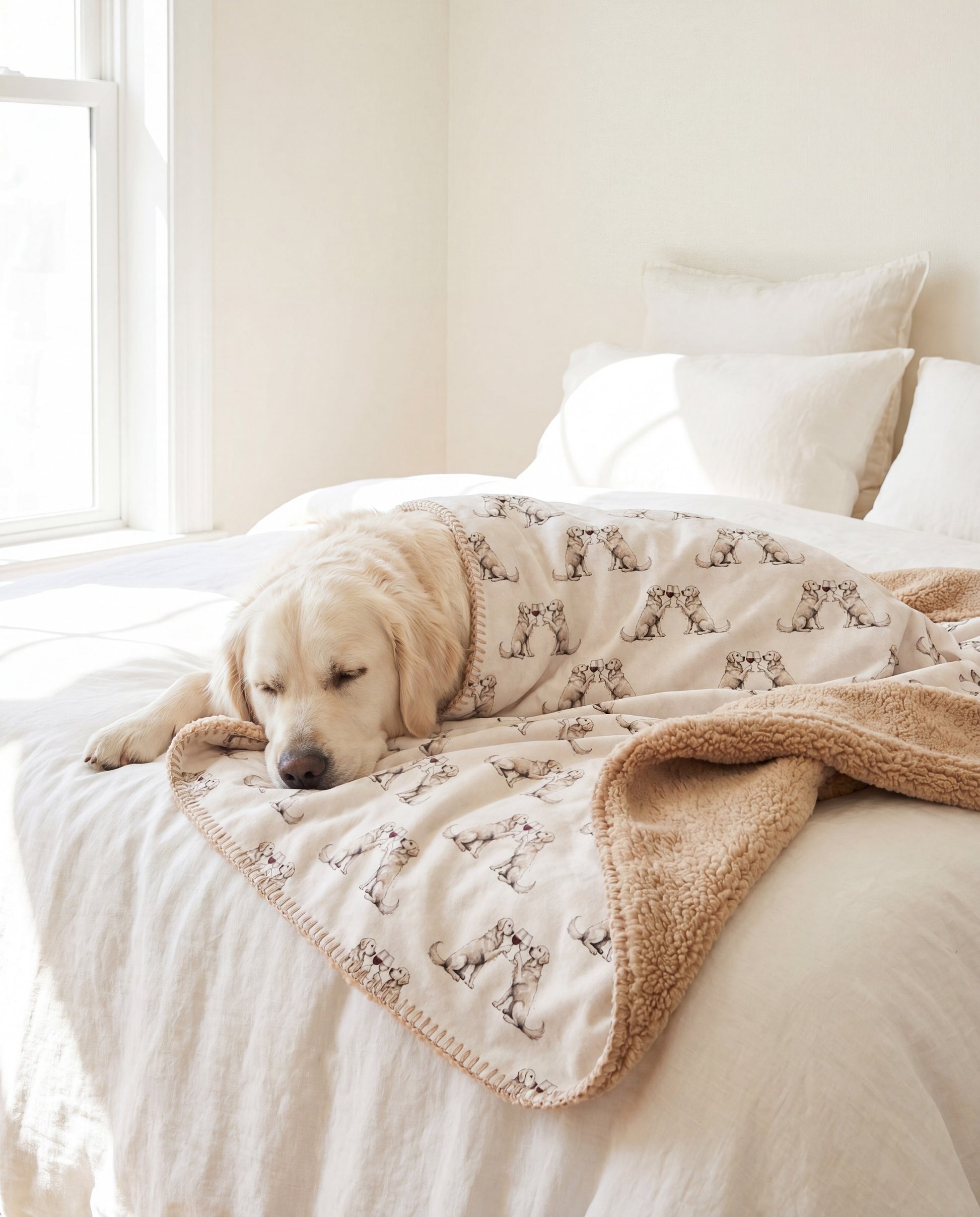 English Cream Golden Retriever curled asleep in a Happy Hour English Cream Golden Retriever sherpa blanket on a bed