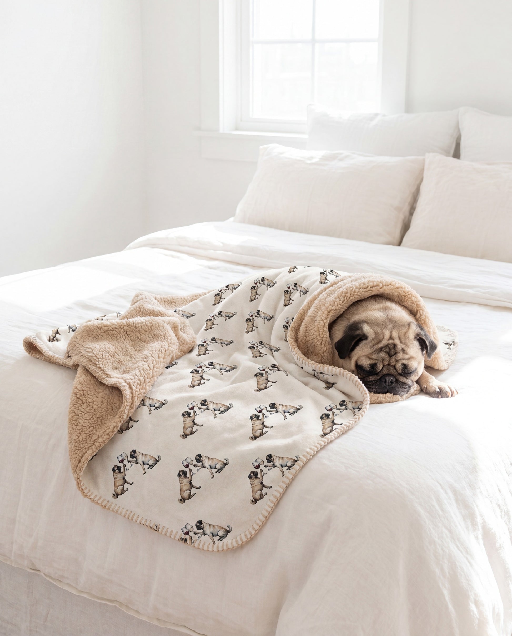 Pug curled asleep in a Happy Hour Pug sherpa blanket on a bed