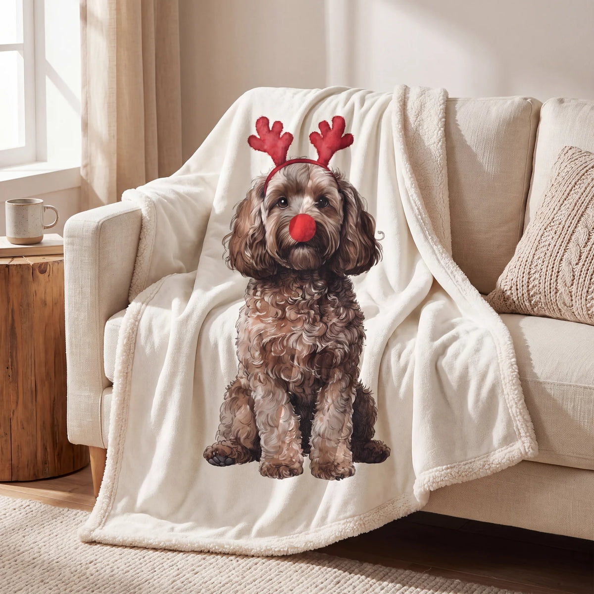 Draped Reindog Cavapoo Sherpa Blanket on a sofa
