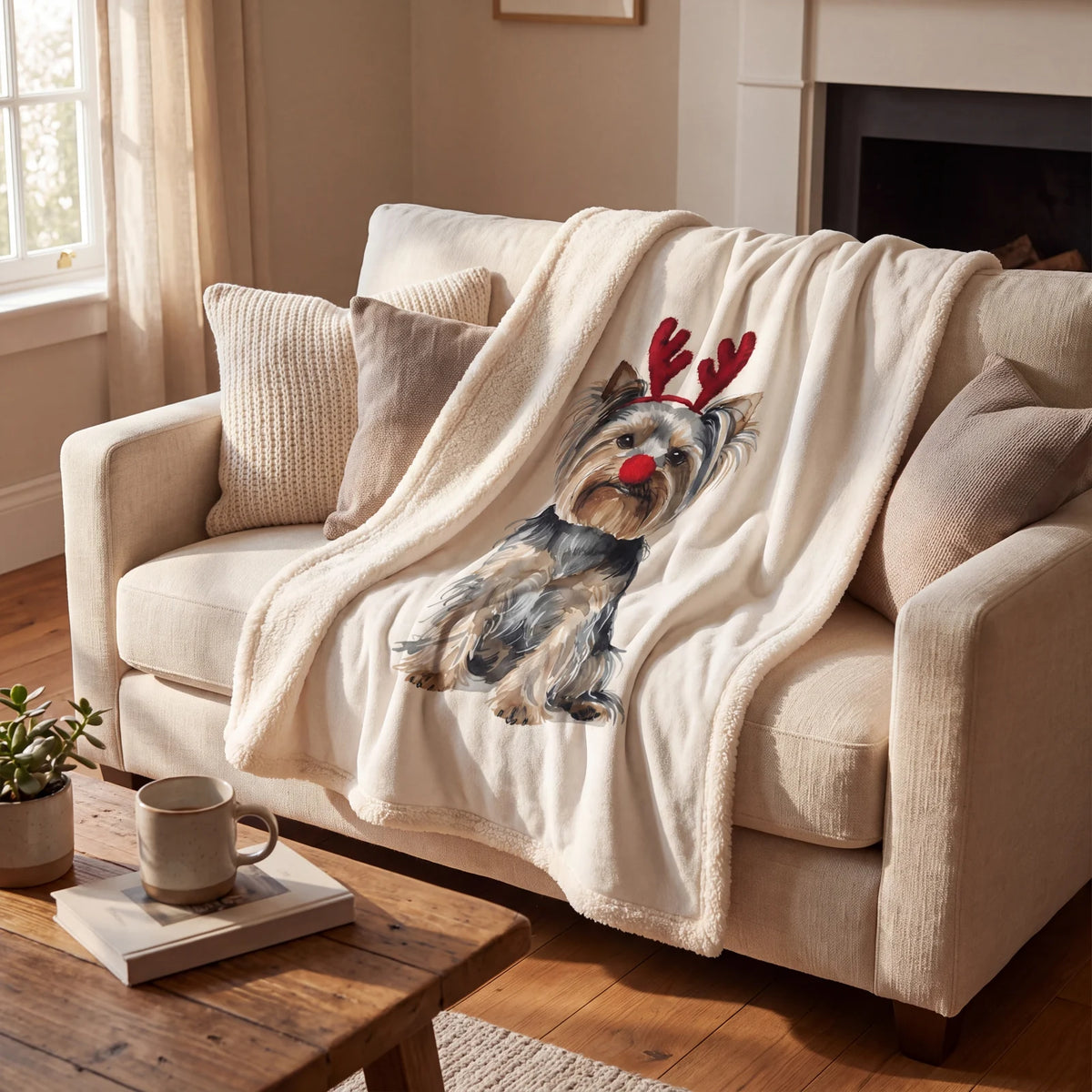 Draped Reindog Yorkshire Terrier Sherpa Blanket on a sofa