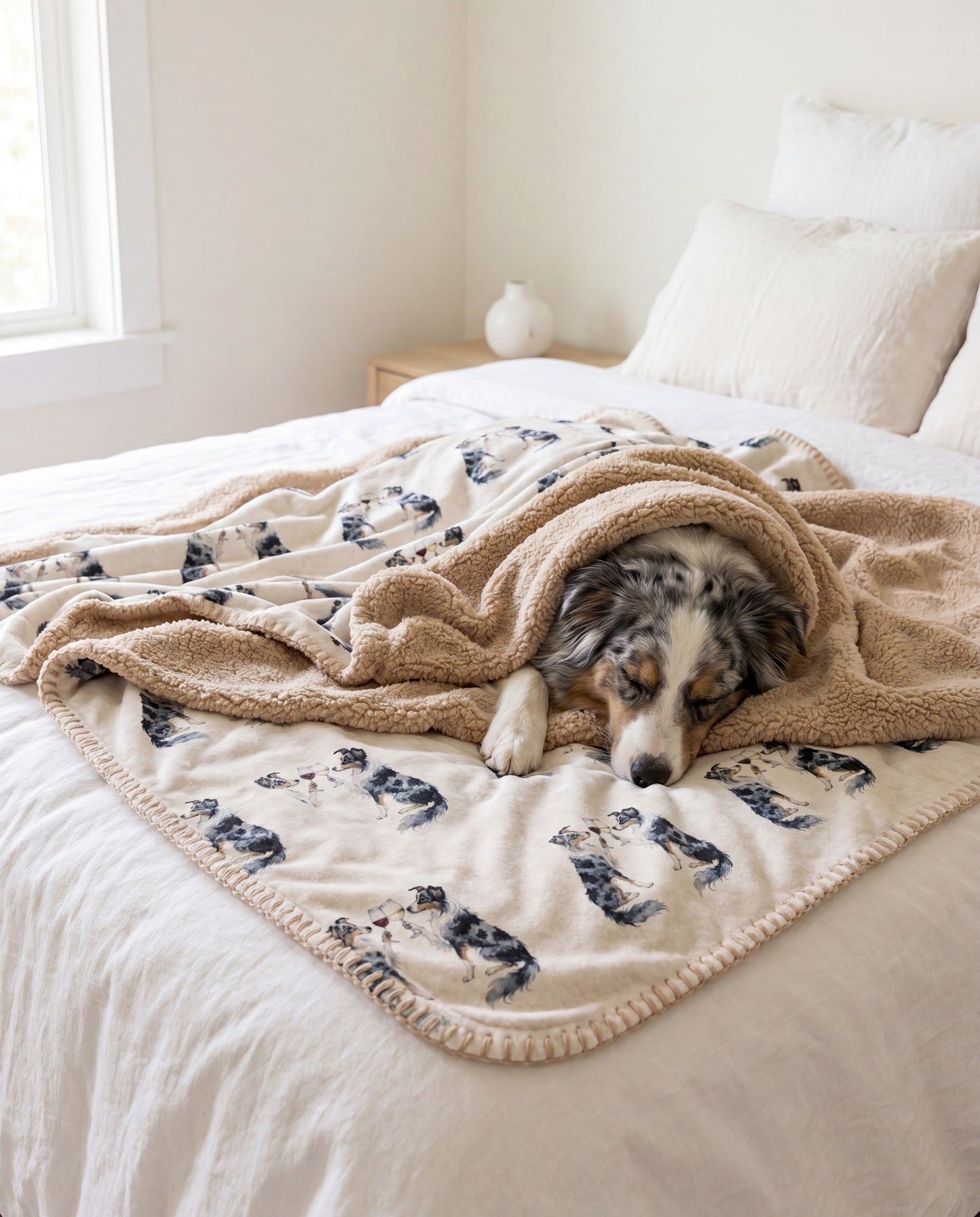 Australian Shepherd curled asleep in a Happy Hour Australian Shepherd sherpa blanket on a bed