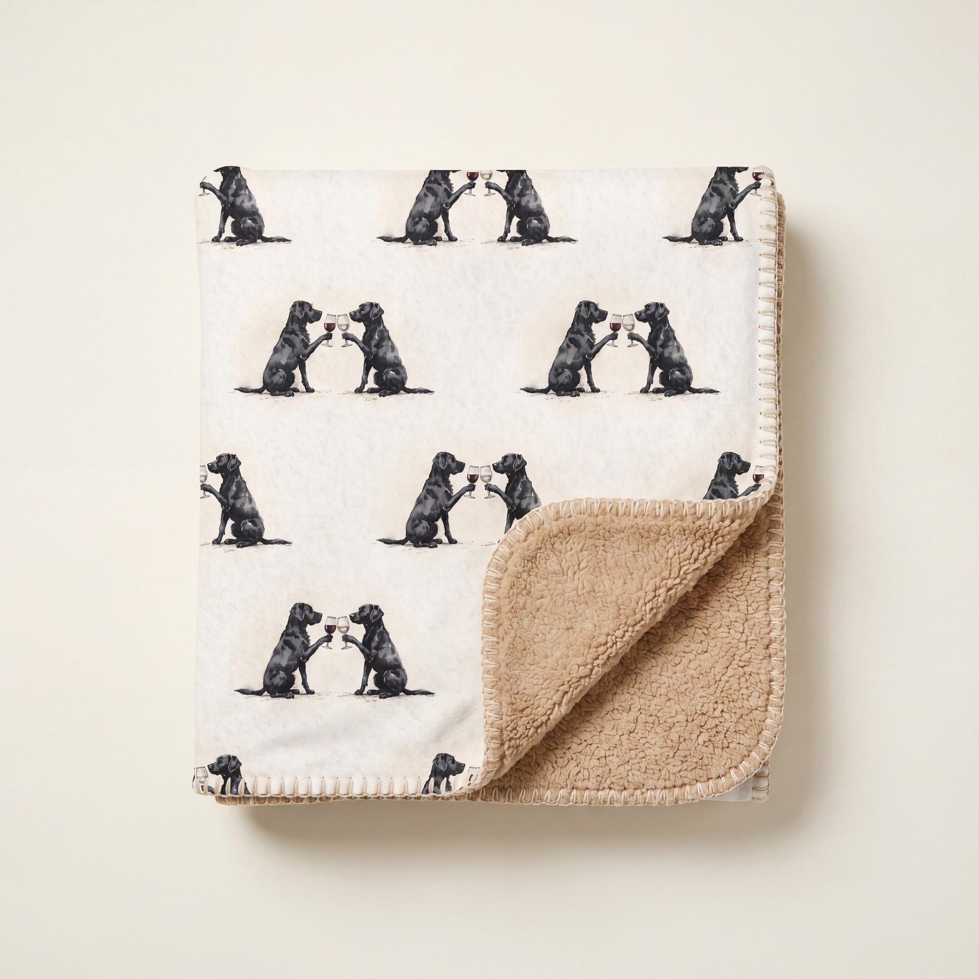 Top-down product photo of the Happy Hour Black Labrador Retriever sherpa blanket folded on a cream background