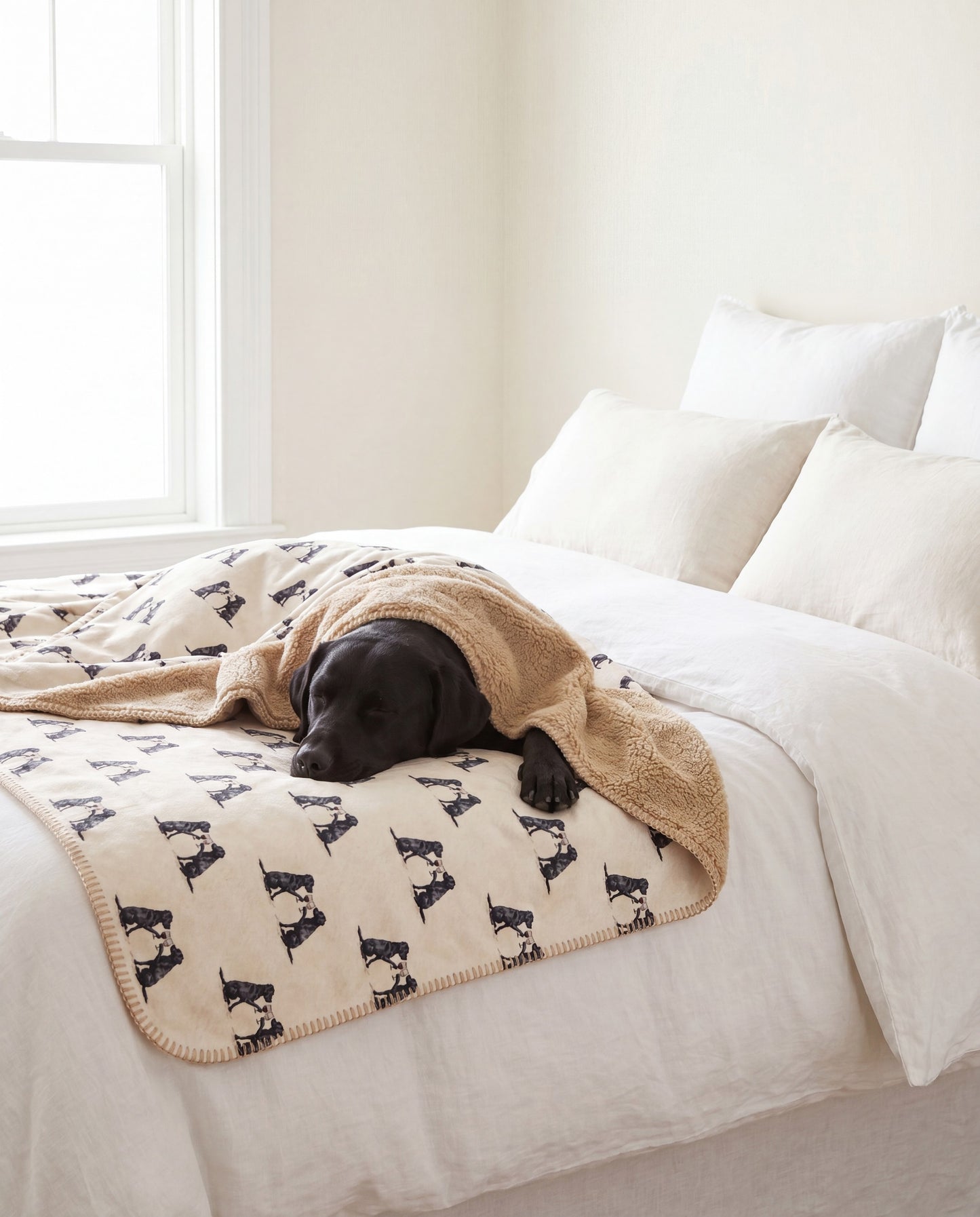 Black Labrador Retriever curled asleep in a Happy Hour Black Labrador Retriever sherpa blanket on a bed