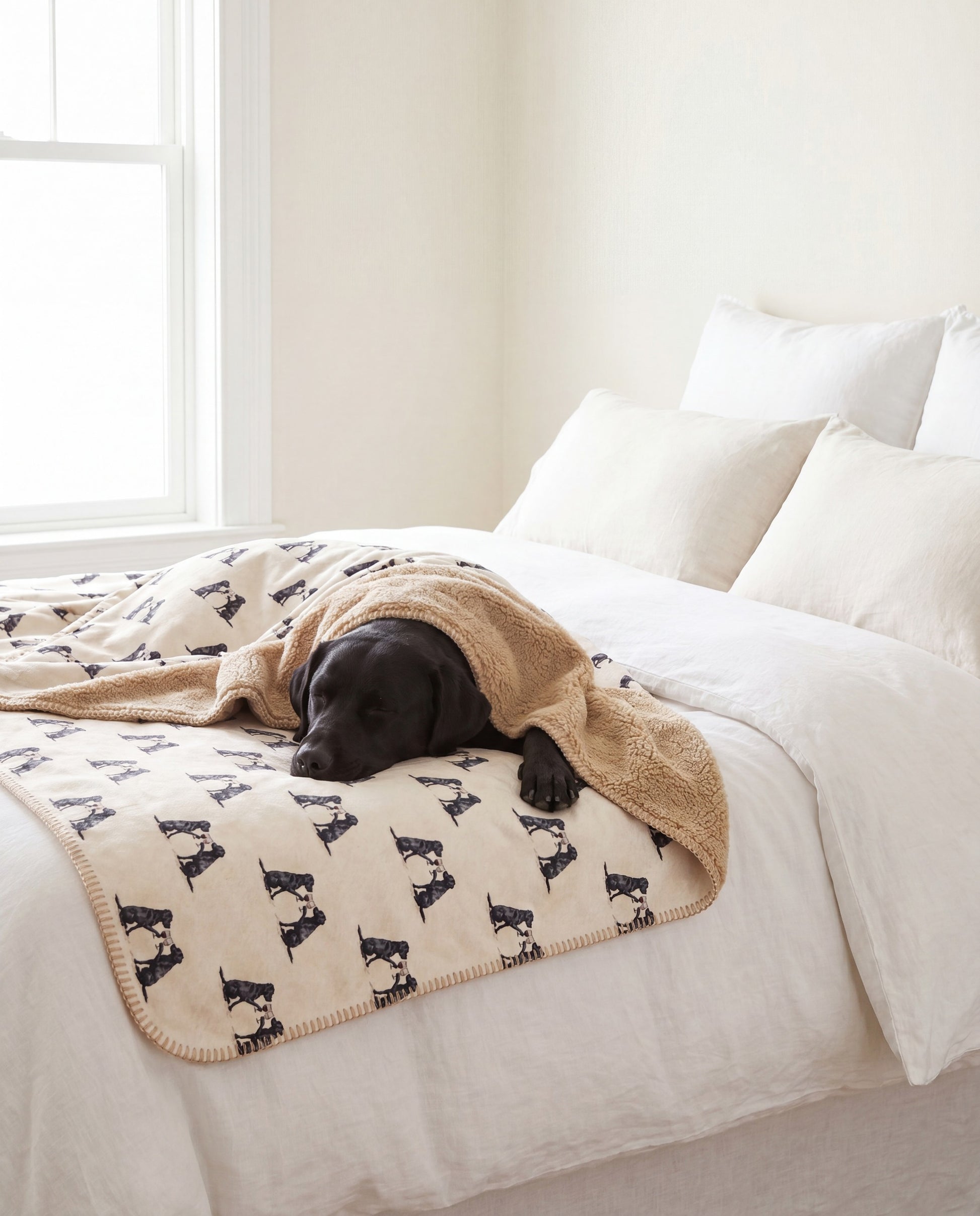 Black Labrador Retriever curled asleep in a Happy Hour Black Labrador Retriever sherpa blanket on a bed