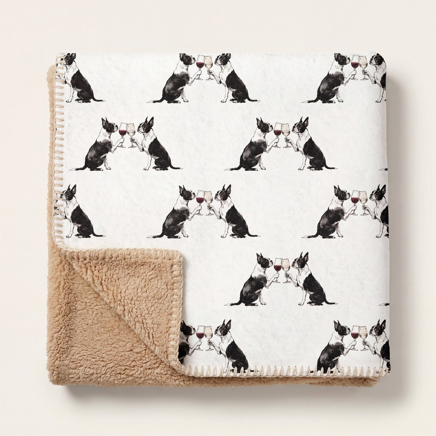 Top-down product photo of the Happy Hour Boston Terrier sherpa blanket folded on a cream background