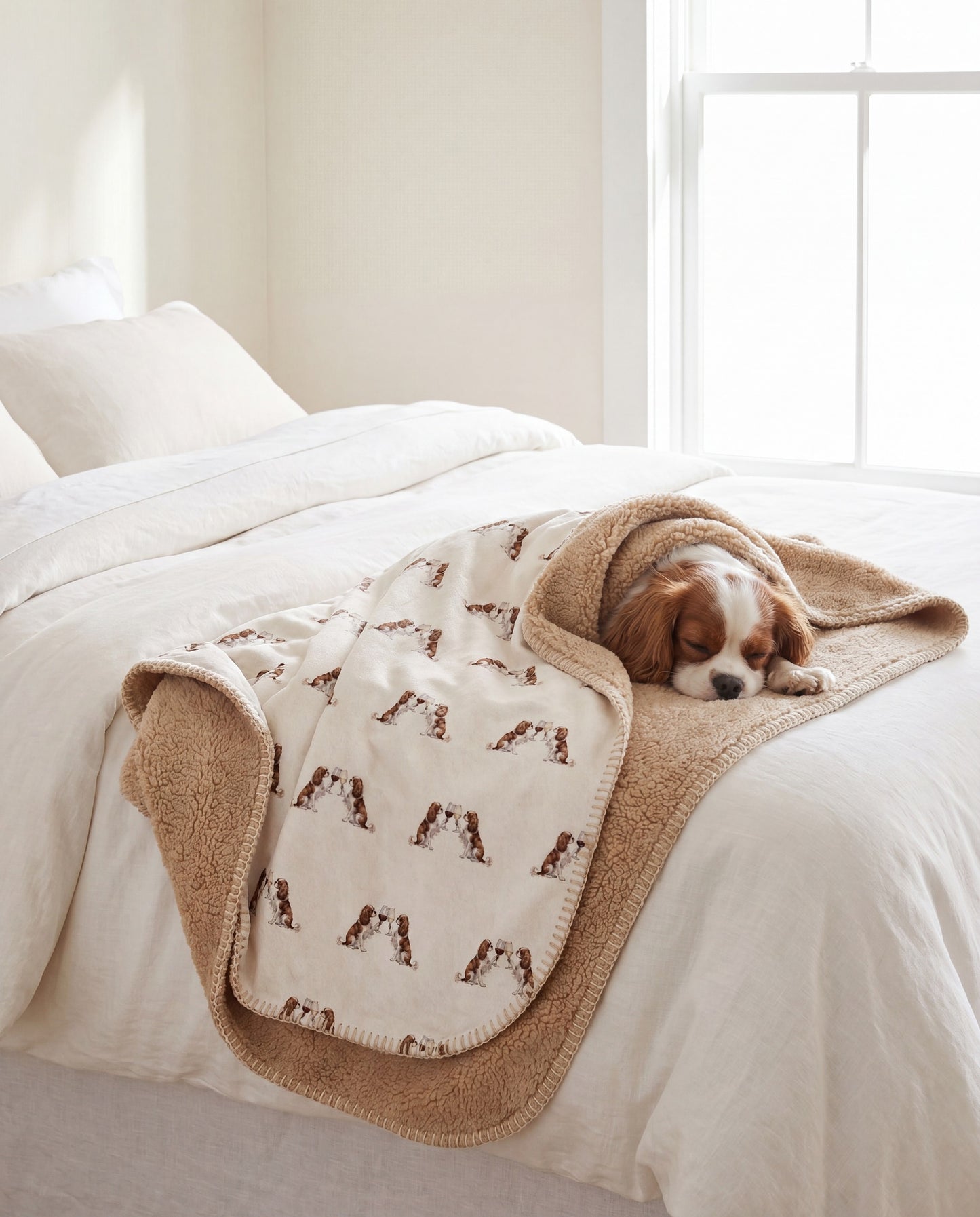 Cavalier King Charles Spaniel curled asleep in a Happy Hour Cavalier King Charles Spaniel sherpa blanket on a bed