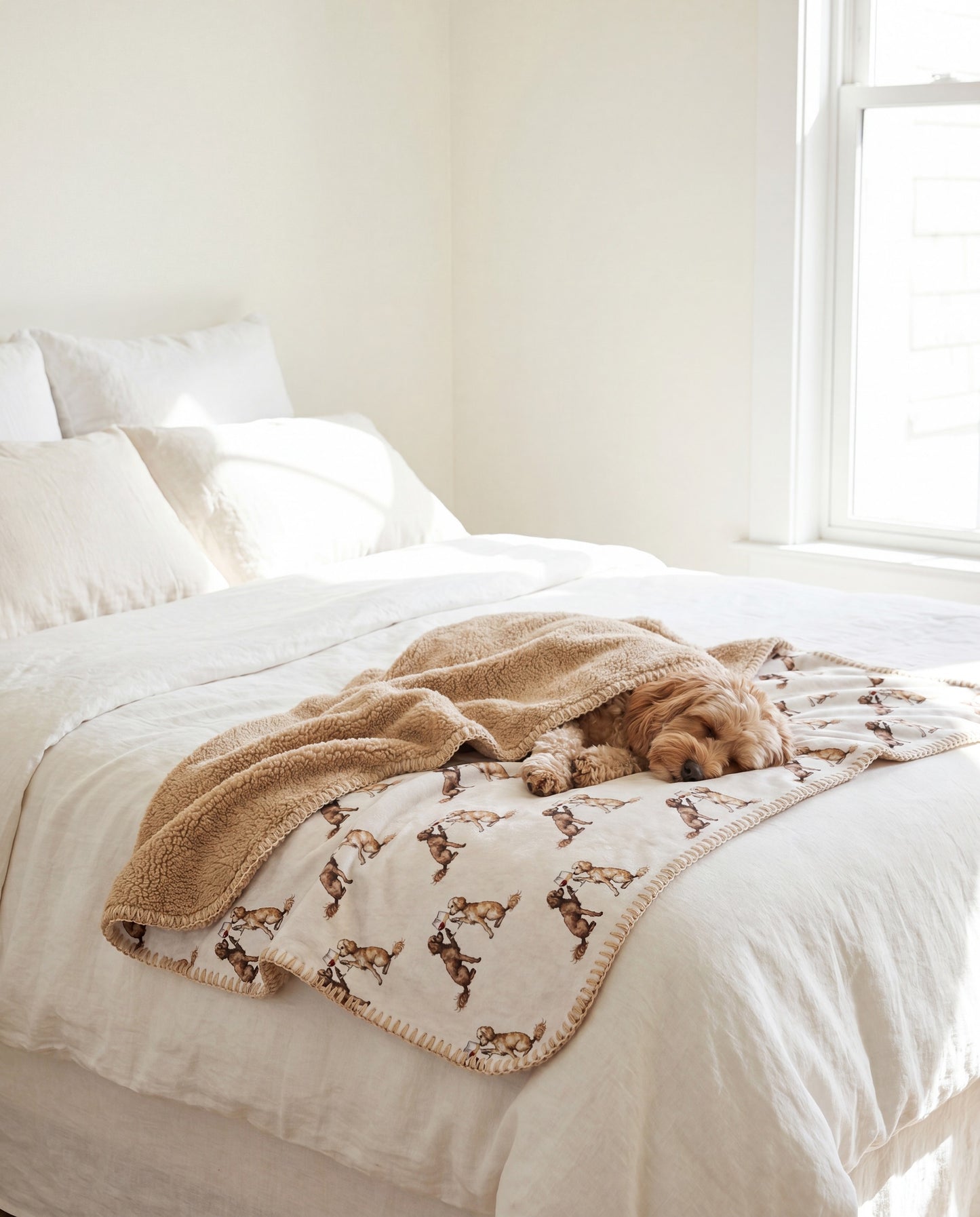 Cavapoo curled asleep in a Happy Hour Cavapoo sherpa blanket on a bed