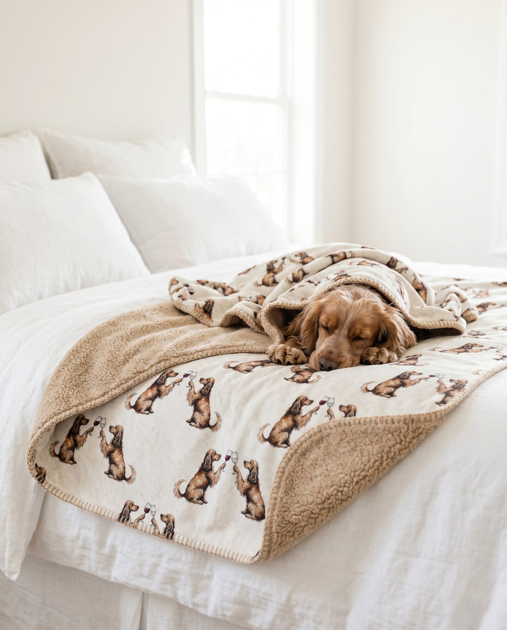 Cocker Spaniel curled asleep in a Happy Hour Cocker Spaniel sherpa blanket on a bed