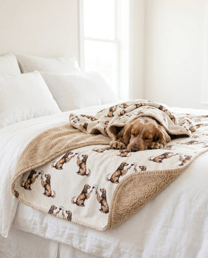 Cocker Spaniel curled asleep in a Happy Hour Cocker Spaniel sherpa blanket on a bed