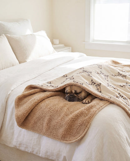 French Bulldog curled asleep in a Happy Hour French Bulldog sherpa blanket on a bed