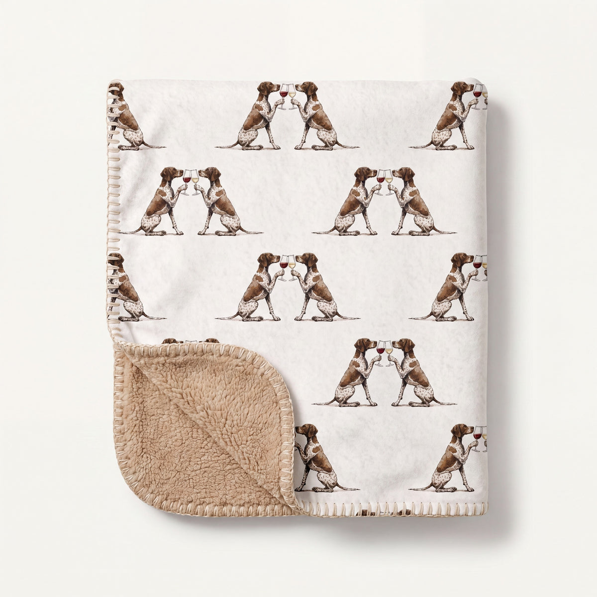 Top-down product photo of the Happy Hour German Shorthaired Pointer sherpa blanket folded on a cream background