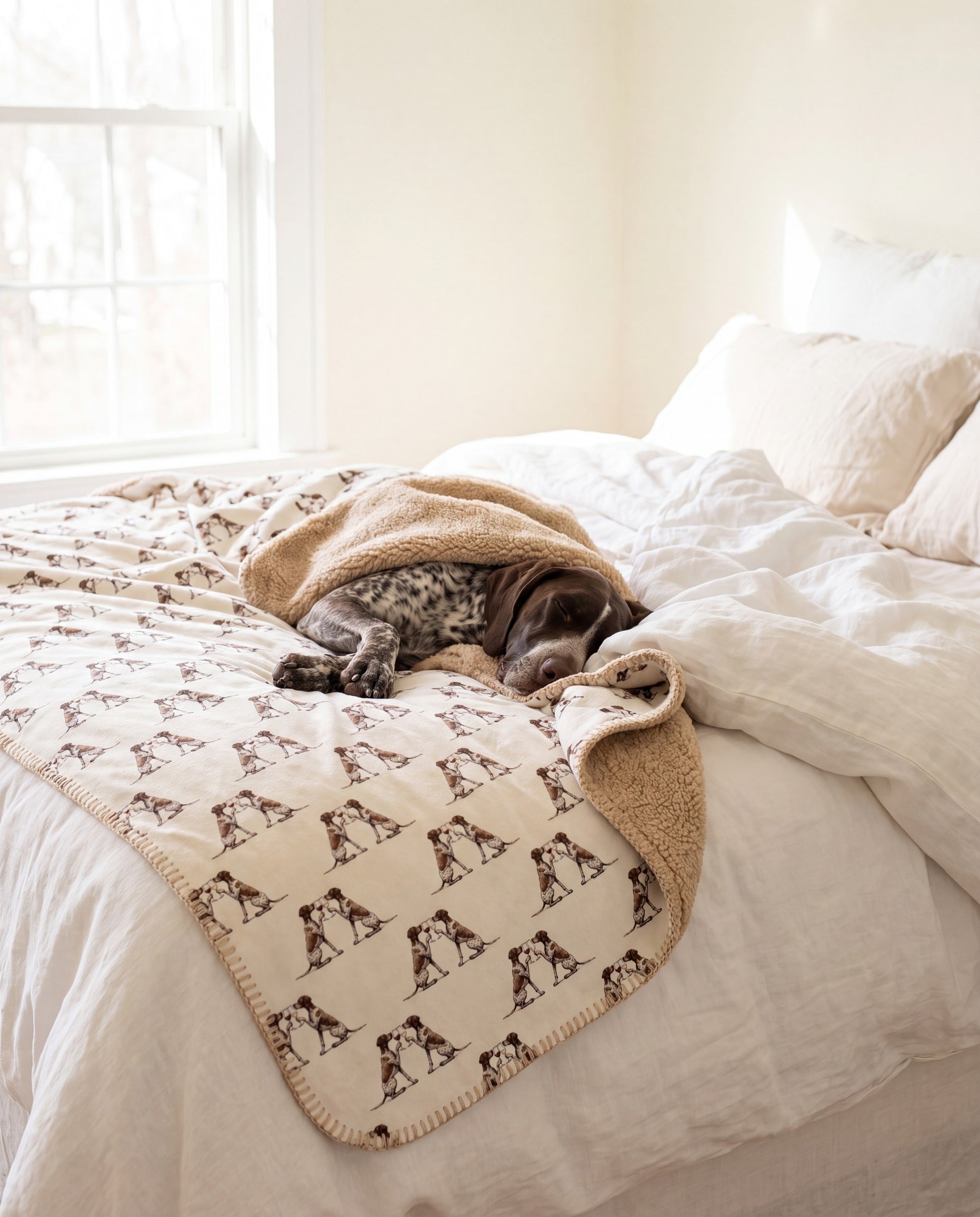 German Shorthaired Pointer curled asleep in a Happy Hour German Shorthaired Pointer sherpa blanket on a bed