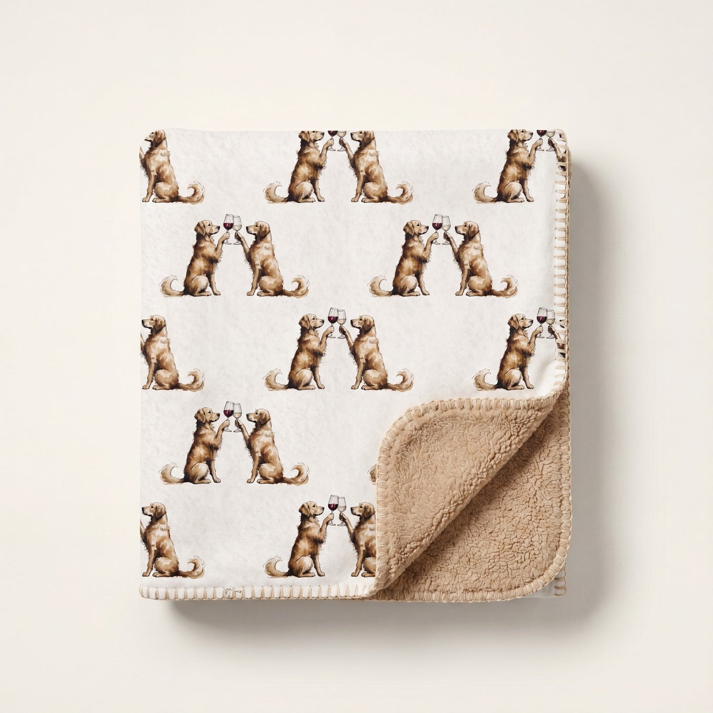 Top-down product photo of the Happy Hour Golden Retriever sherpa blanket folded on a cream background