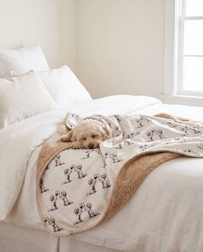 Maltipoo curled asleep in a Happy Hour Maltipoo sherpa blanket on a bed