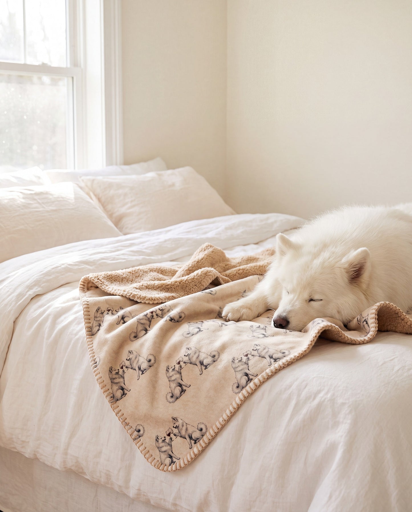 Samoyed curled asleep in a Happy Hour Samoyed sherpa blanket on a bed