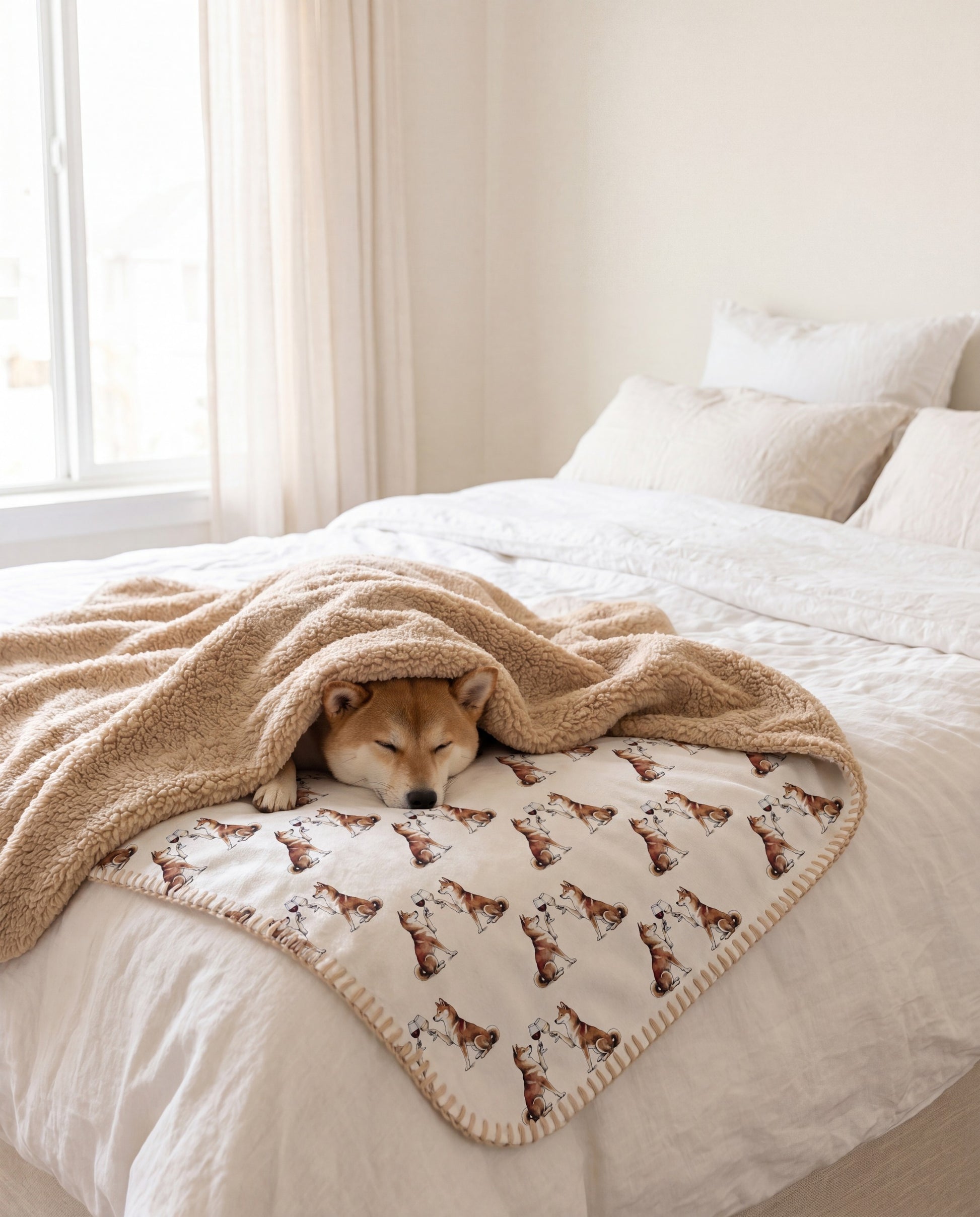 Shiba Inu curled asleep in a Happy Hour Shiba Inu sherpa blanket on a bed