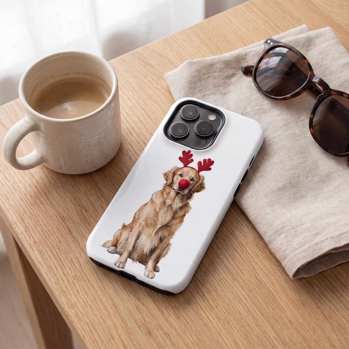 Reindog Golden Retriever Phone Case lifestyle on a desk