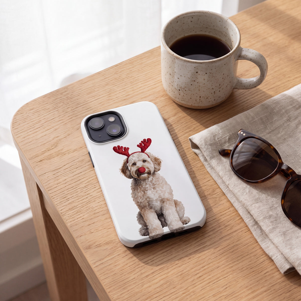 Reindog Goldendoodle Phone Case lifestyle on a desk