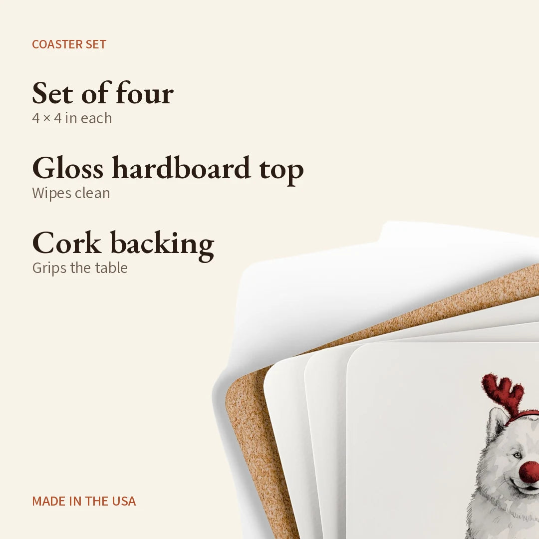 Reindog Samoyed Coaster Set — what you get