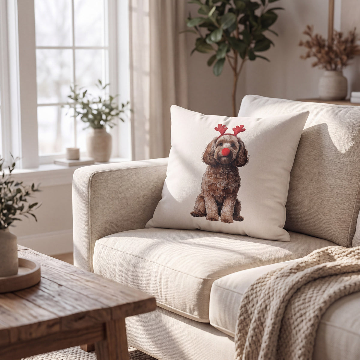 Cavapoo Reindog pillow styled at home