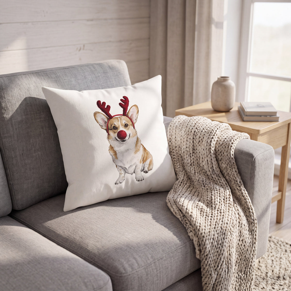 Corgi Reindog pillow styled at home