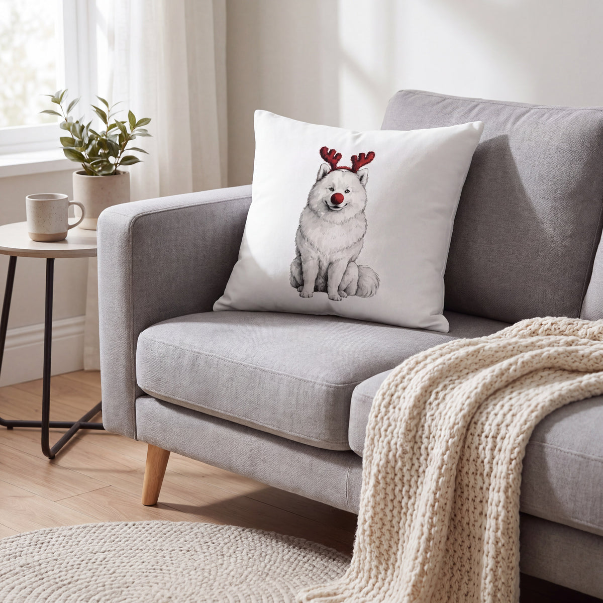 Samoyed Reindog pillow styled at home