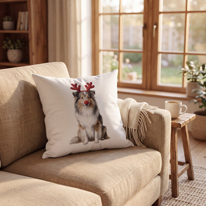 Sheltie Reindog pillow styled at home