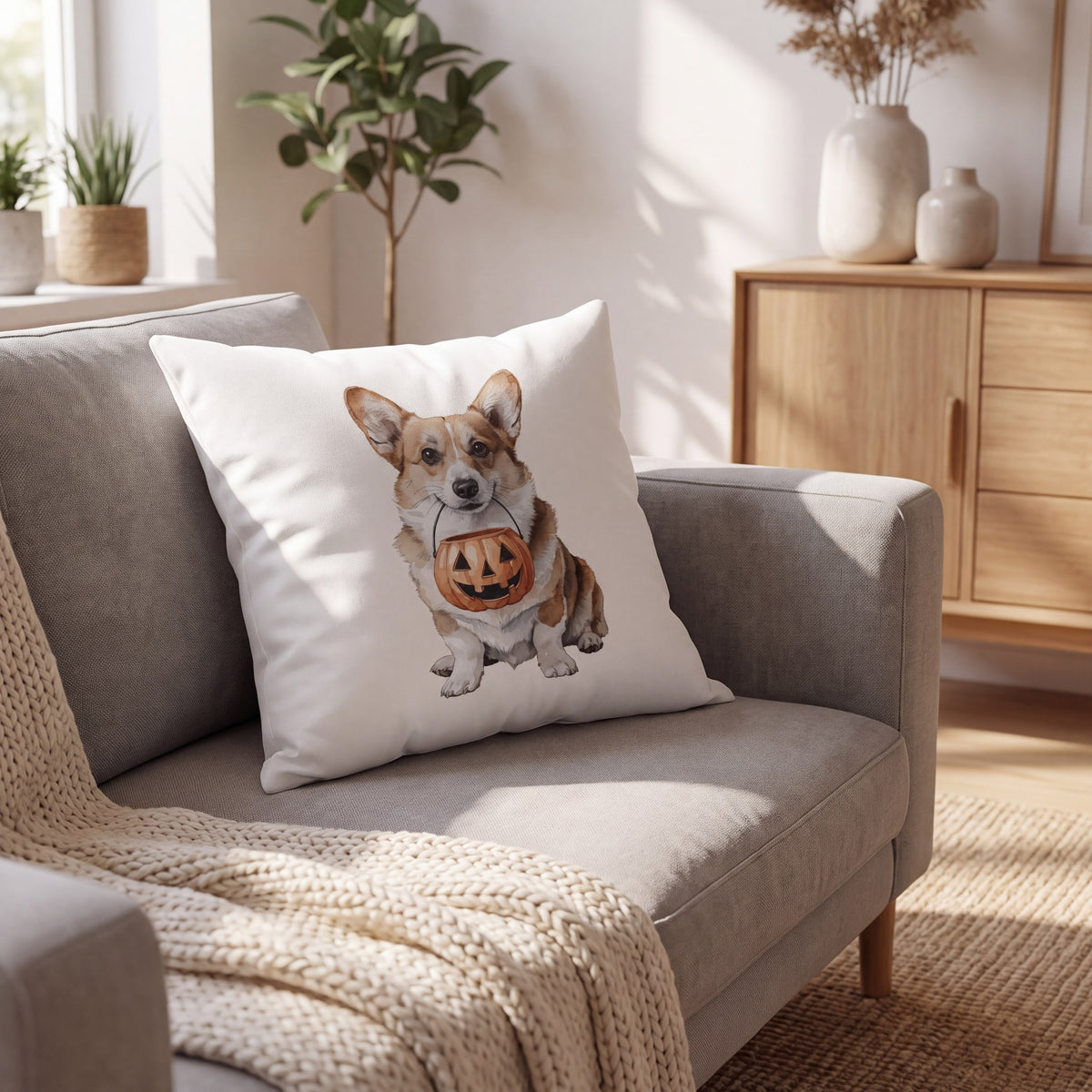 Corgi Trick-or-Treat pillow styled at home