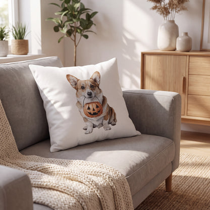 Corgi Trick-or-Treat pillow styled at home