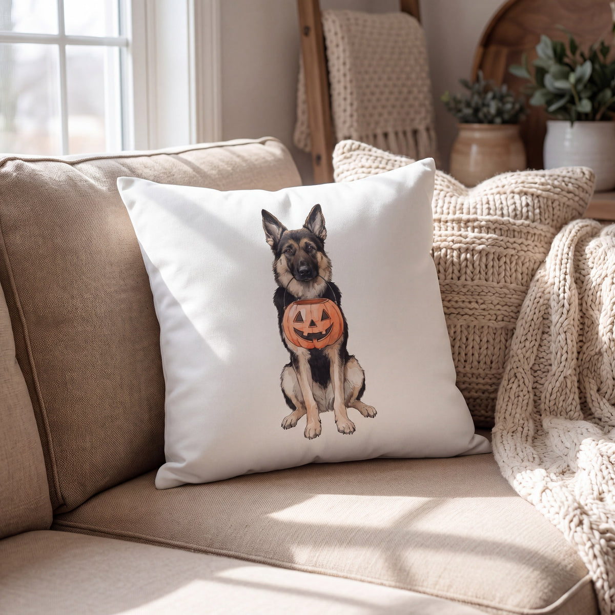 German Shepherd Trick-or-Treat pillow styled at home