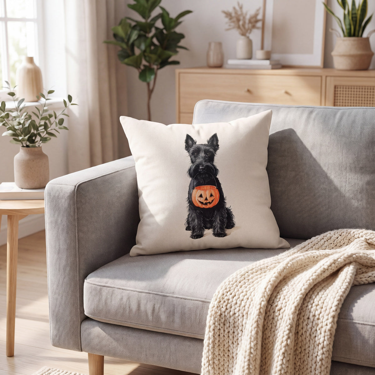 Scottish Terrier Trick-or-Treat pillow styled at home