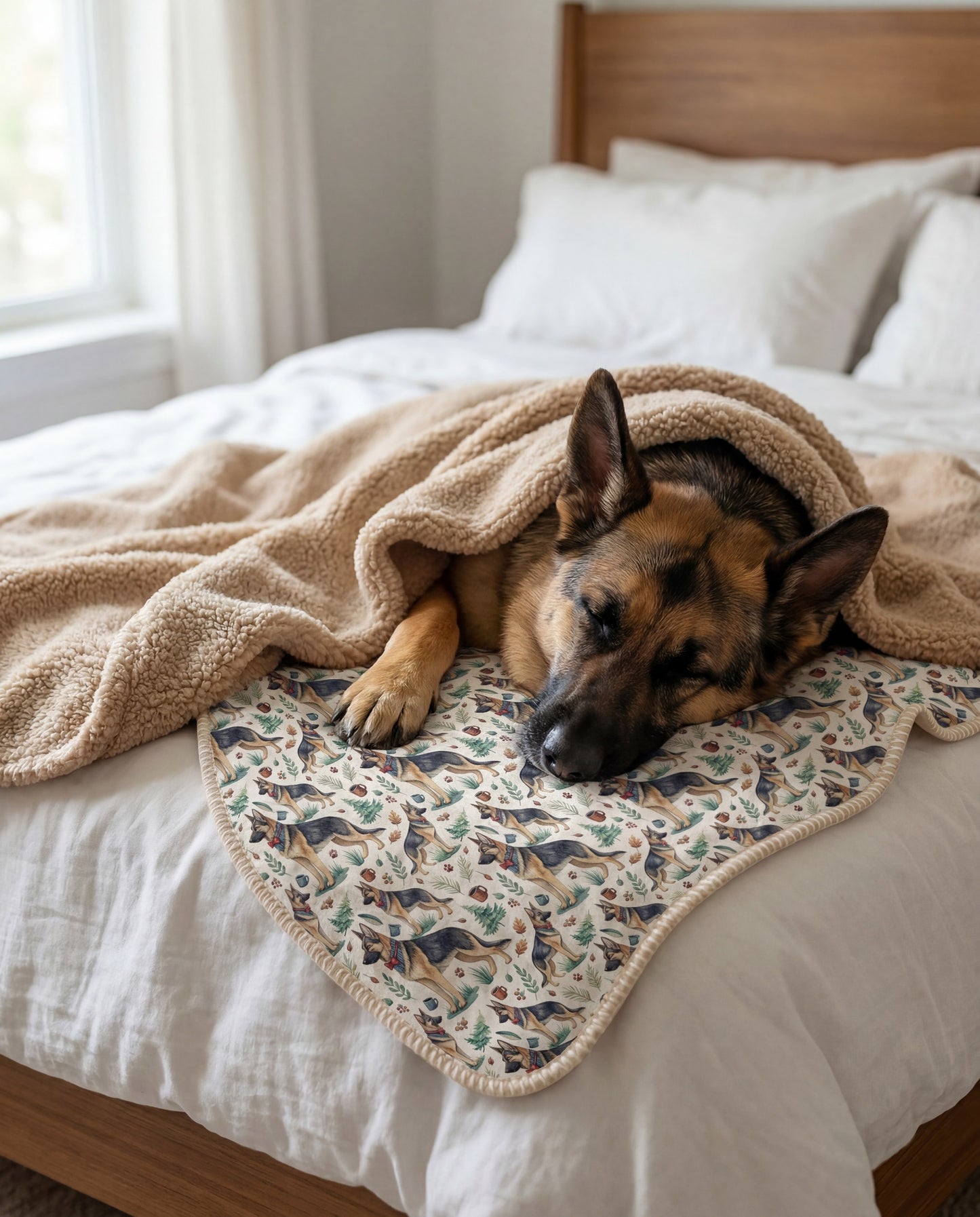 tan and black German Shepherd curled asleep in a Dapper German Shepherd sherpa blanket on a bed