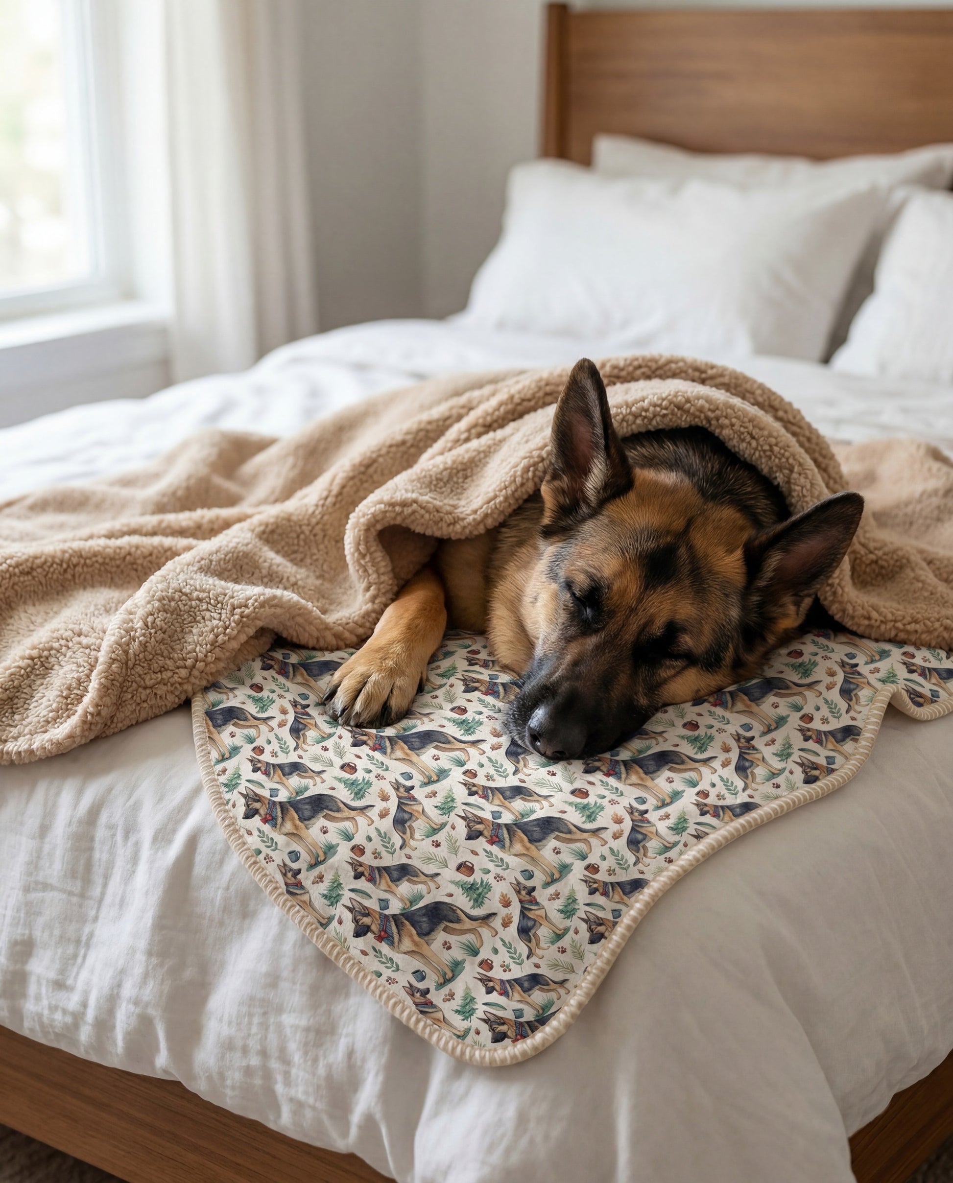 tan and black German Shepherd curled asleep in a Dapper German Shepherd sherpa blanket on a bed