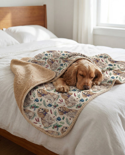 golden Cocker Spaniel curled asleep in a Dapper Cocker Spaniel sherpa blanket on a bed