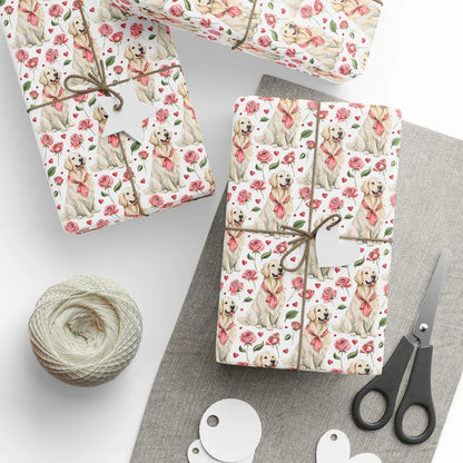 Roses Are Red, Retrievers Are Cuter: Golden Valentine Wrapping Paper — styled gift wrapping with scissors and twine