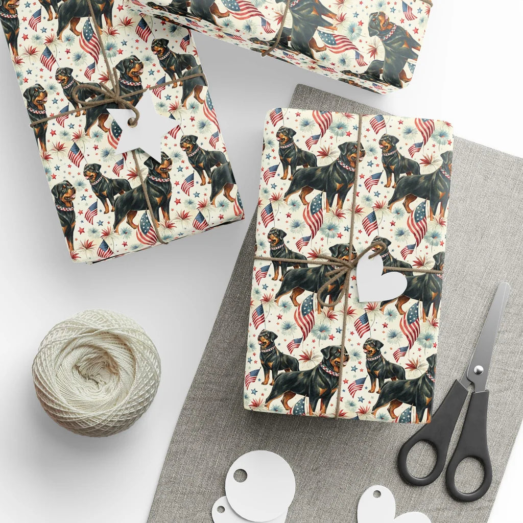Rottweiler Americana Wrapping Paper — styled gift wrapping with scissors and twine