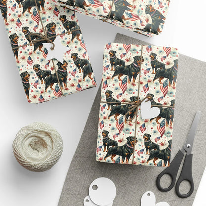 Rottweiler Americana Wrapping Paper — styled gift wrapping with scissors and twine