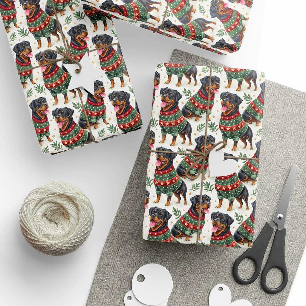 Rottweiler Christmas Ugly Sweater Wrapping Paper — styled gift wrapping with scissors and twine