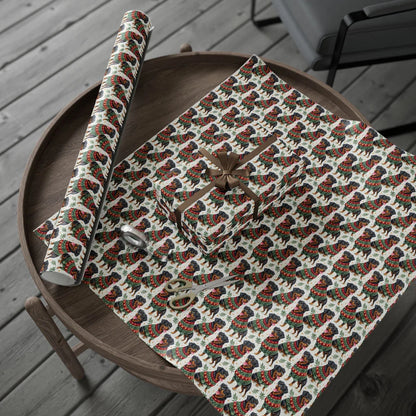Rottweiler Christmas Ugly Sweater Wrapping Paper — gift wrapping presented on a wooden table